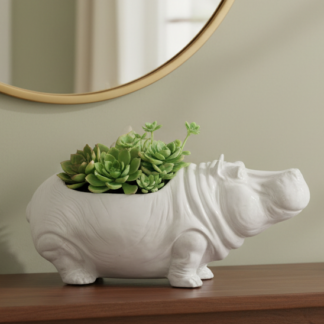 White Glazed Ceramic Hippopotamus Planter