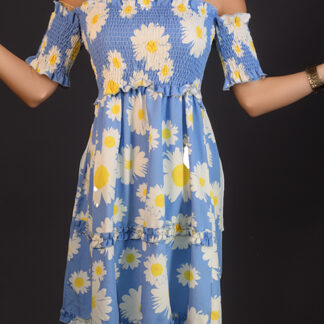 Shein Daisy Pattern Blue Dress Shirred Crop Top Size 8/10